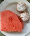 Breakfast - watermelon and sugar-dusted deep fried cubes of custard