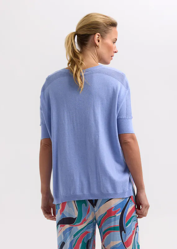 Model wearing Blueberry Pointelle Shoulder Top By Zaket & Plover Available at Beetees Nelson