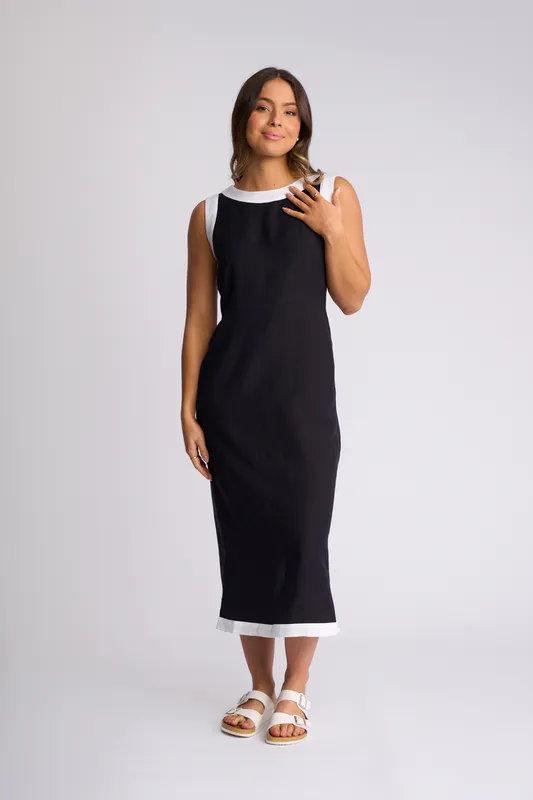 Model wearing Ink/White Oak Dress By Vassalli Available at Beetees Nelson