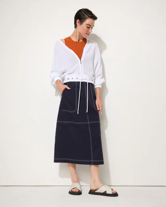 Model wearing White Open Knit Bomber By Marco Polo Available at Beetees Nelson