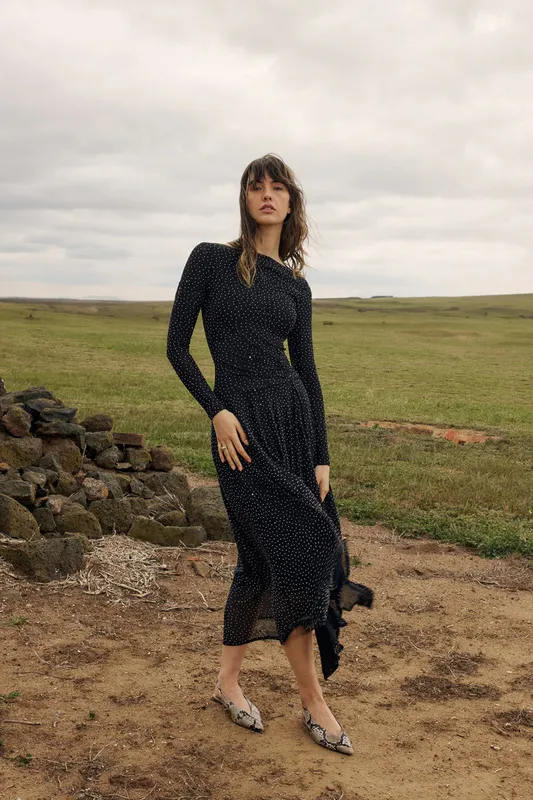 Model wearing Black Sora Studded Dress By Fate & Becker Available at Beetees Nelson