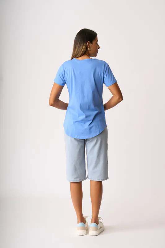 Model wearing Light Denim Denim Panel Shorts By Memo Available at Beetees Nelson