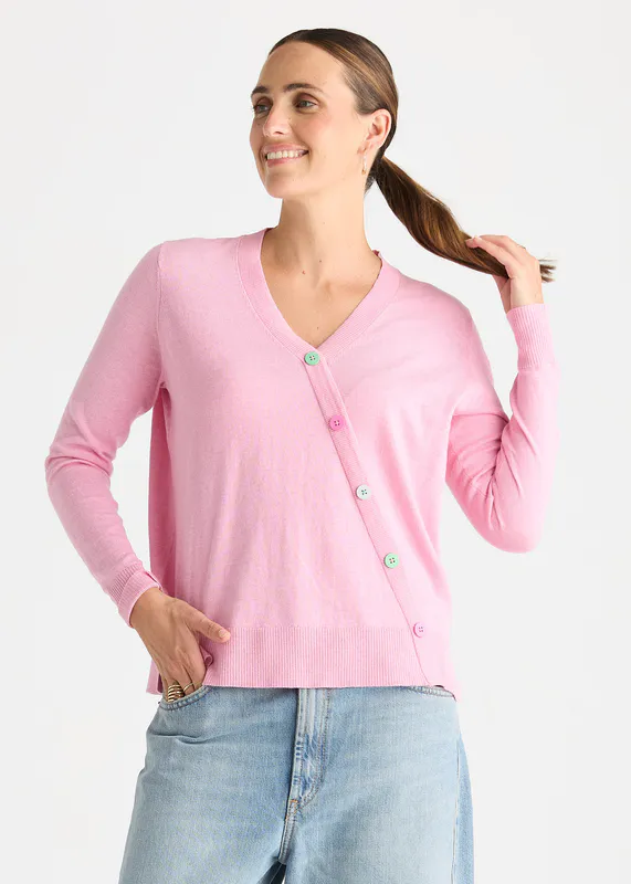 Model wearing Tickled Pink Button Angle Top By Zaket & Plover Available at Beetees Nelson