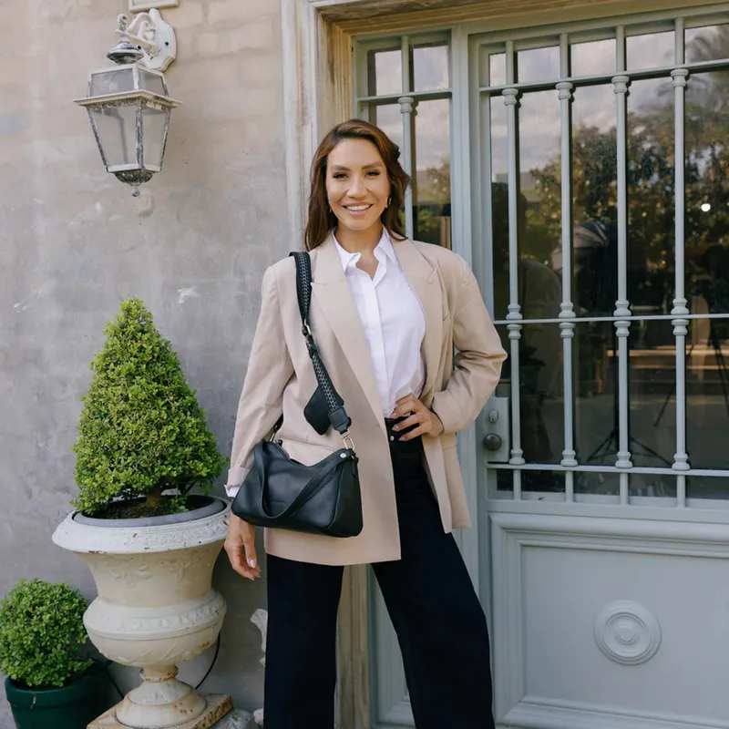 Model wearing Claudette Black Shoulder Crossbody Bag By Black Caviar Available at Beetees Nelson