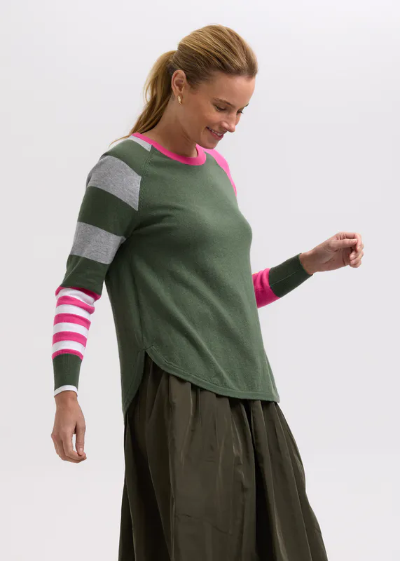 Model wearing Khaki My Happy Jumper By Zaket & Plover Available at Beetees Nelson