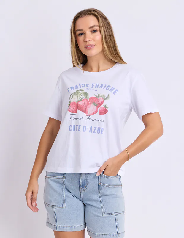 Model wearing White Fraiche Tee By Foxwood Available at Beetees Nelson
