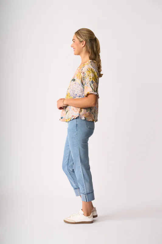 Model wearing Peonies Ruffles & Scoop Hem Top By Foil Available at Beetees Nelson