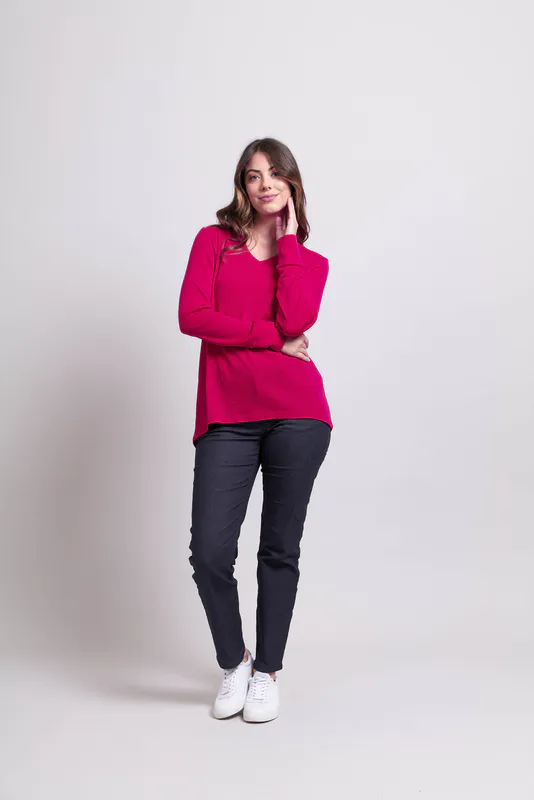 Model wearing Luscious Red Coloured Jumper - Split Back By Foil Available at Beetees Nelson