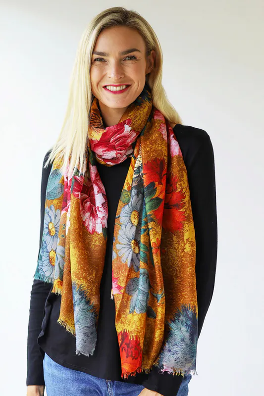 Mustard/Multi Botanical Scarf By Archer House Available at Beetees Nelson