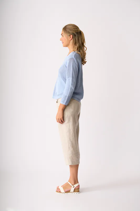 Model wearing Sky Blue Spotted Sweater By Foil Available at Beetees Nelson