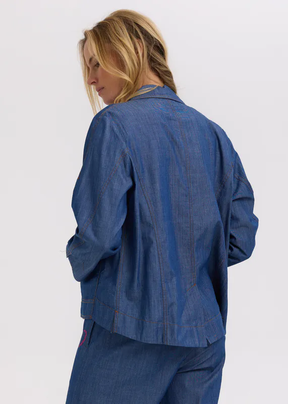 Model wearing Vintage Denim Denim Shaket By Zaket & Plover Available at Beetees Nelson