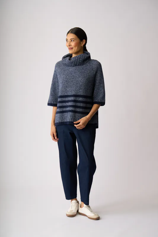 Model wearing Blue ( Midnight Stripe) Relaxed, Split Back Jumper By Memo Available at Beetees Nelson