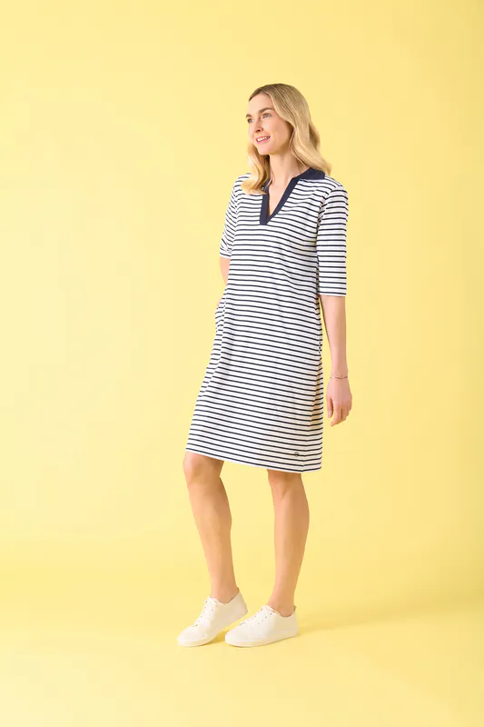 Model wearing White/Navy Stripe Fox River Dress By Charlie Jane Available at Beetees Nelson