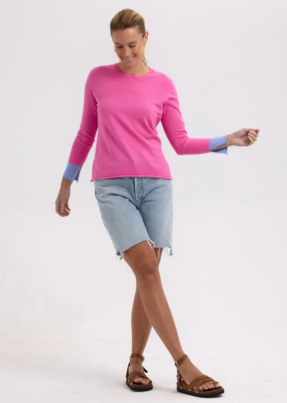 Model wearing Pink Elbow Patch Jumper By Zaket & Plover Available at Beetees Nelson