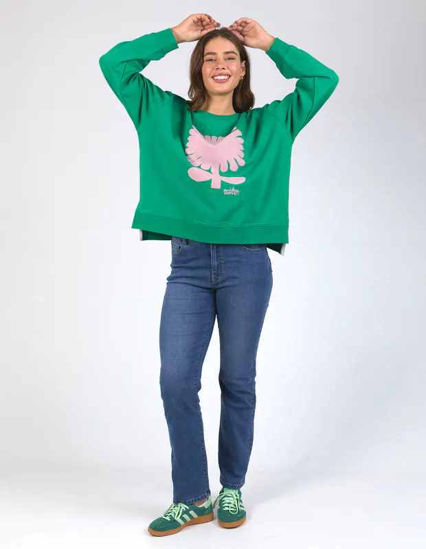 Model wearing Pine Green Madeleine Stamer II Crew By Elm Available at Beetees Nelson