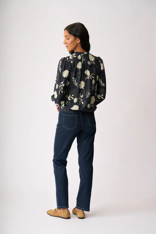 Model wearing Midnight Blooms Shoulder Detail Blouse By Preen Available at Beetees Nelson