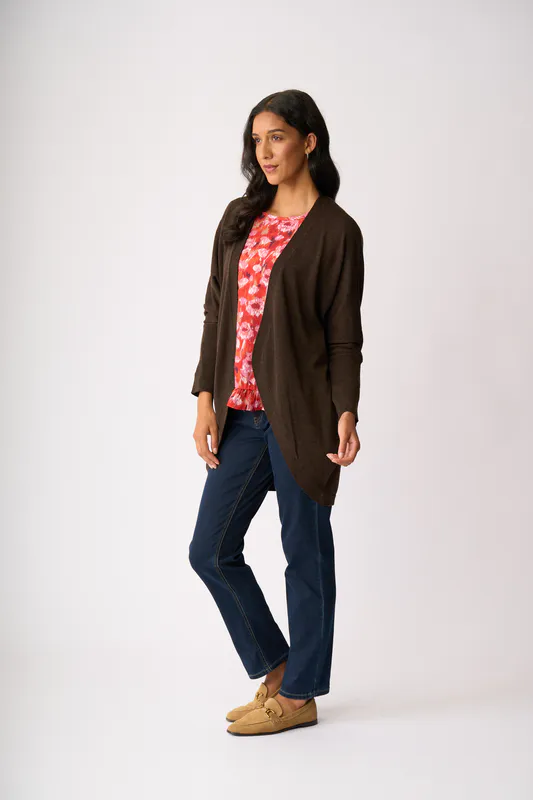 Model wearing Chocolate Open Front Midi Cardigan By Foil Available at Beetees Nelson