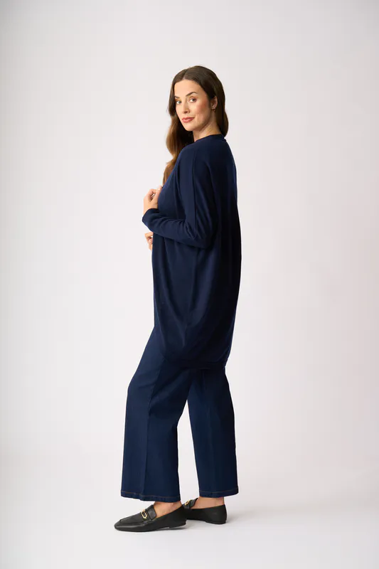 Model wearing Midnight Open Front Midi Cardigan By Foil Available at Beetees Nelson