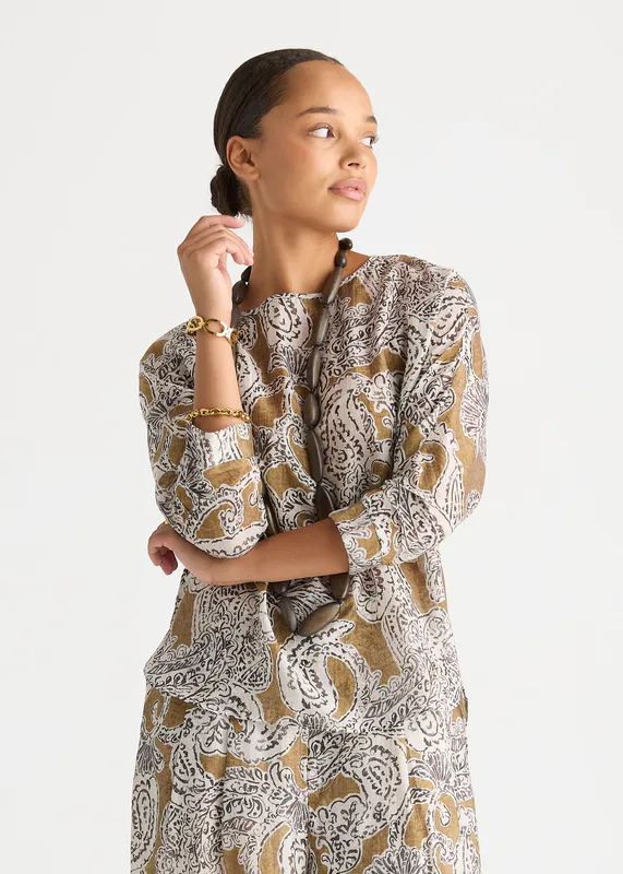 Model wearing Paisley Relaxed Print Top By LD + CO Available at Beetees Nelson