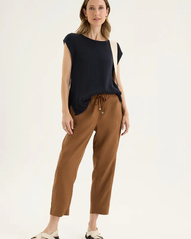 Model wearing  Nutmeg Tirari Slim Pant By Yarra Trail Available at Beetees Nelson