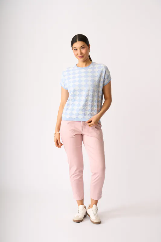 Model wearing Sky Blue White Diamonds Drop Shoulder Top By Foil Available at Beetees Nelson
