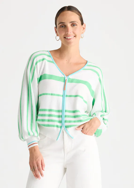 Model wearing White Statement Zip Cardi By Zaket & Plover Available at Beetees Nelson