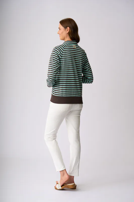 Model wearing Chocolate Seabreeze Stripe Featherson Zip Sweater By Charlie Jane Available at Beetees Nelson