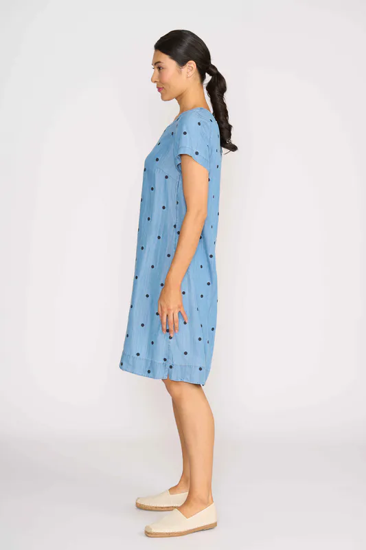 Model wearing Blue Spot Short Sleeve A Line Dress By OH Three Available at Beetees Nelson