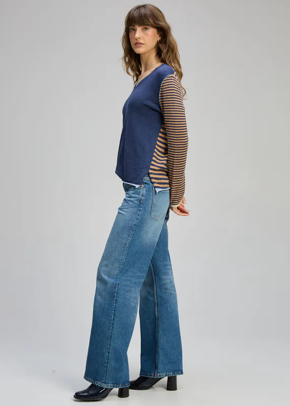 Model wearing Denim Varied Stripe Jumper By Zaket & Plover Available at Beetees Nelson