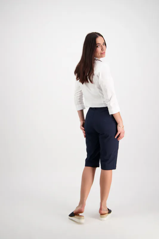 Model wearing Navy Poplin Straight Leg Short By Vassalli Available at Beetees Nelson