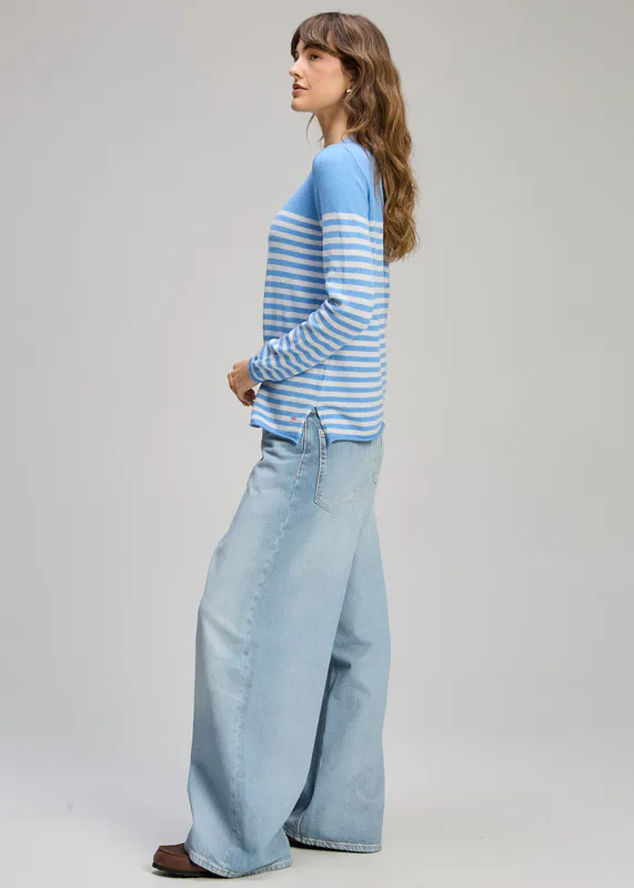 Model wearing Blueberry Detail Stripe Crew By Zaket & Plover Available at Beetees Nelson