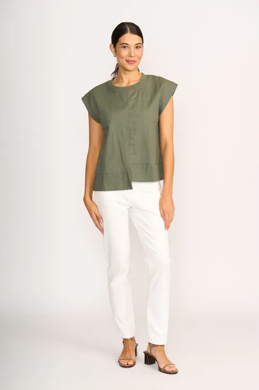 Model wearing Sage Cut Of Your Rib Top By Foil Available at Beetees Nelson