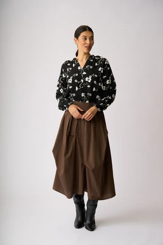 Model wearing Mono Floral Elasticated Cuff Blouse By Foil Available at Beetees Nelson