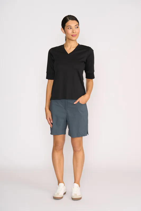 Model wearing Black Slim V Neck Top By Esplanade Available at Beetees Nelson