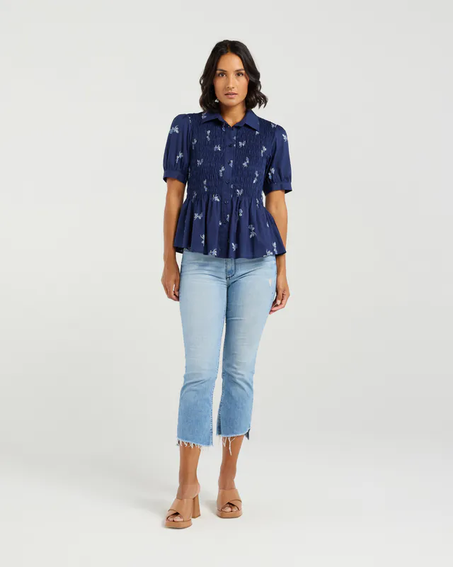 Model wearing Bluebell Garden Ruby Blouse By Et Alia Available at Beetees Nelson