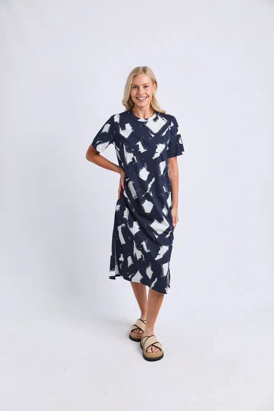 Model wearing Navy Klee Tee Dress By Elm Available at Beetees Nelson