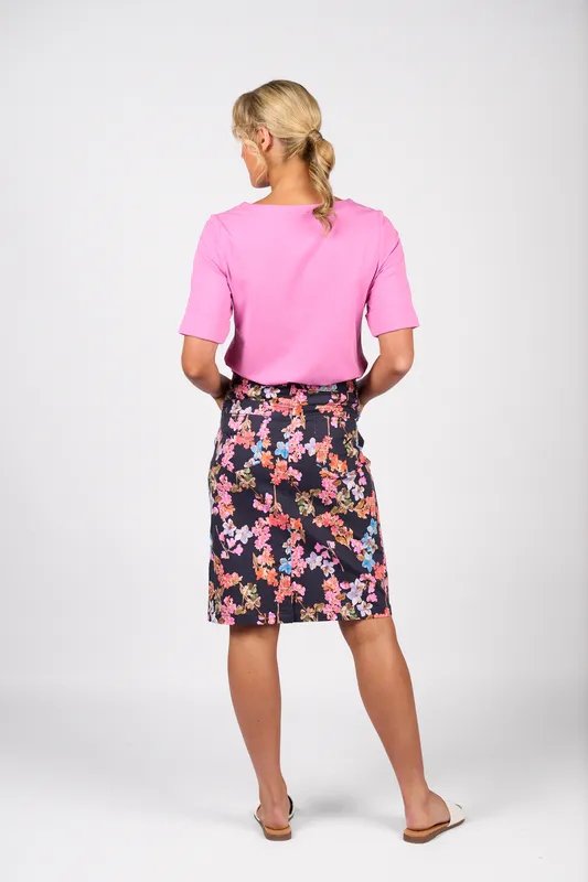 Model wearing Porto Printed Lightweight Skirt with Centre Back Vent By Vassalli