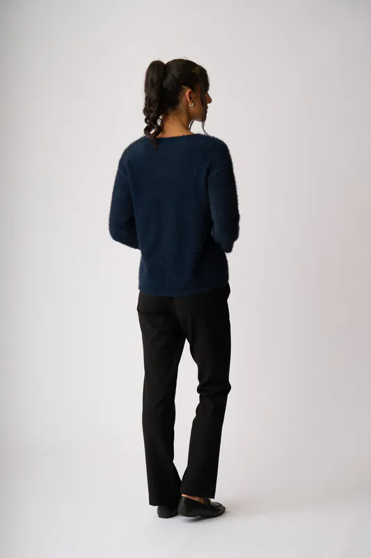 Model wearing Midnight Boxy High Low Jumper By Foil Available at Beetees Nelson