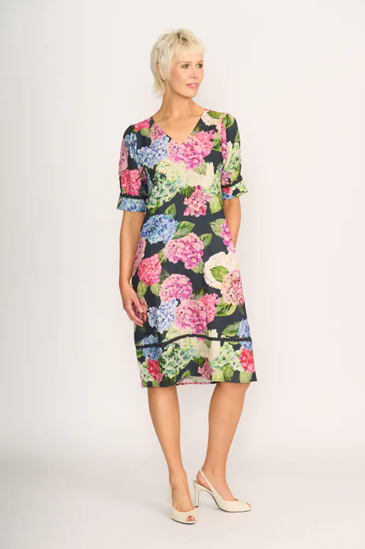 Model wearing Hydrangea Trim Time Dress By Foil Available at Beetees Nelson