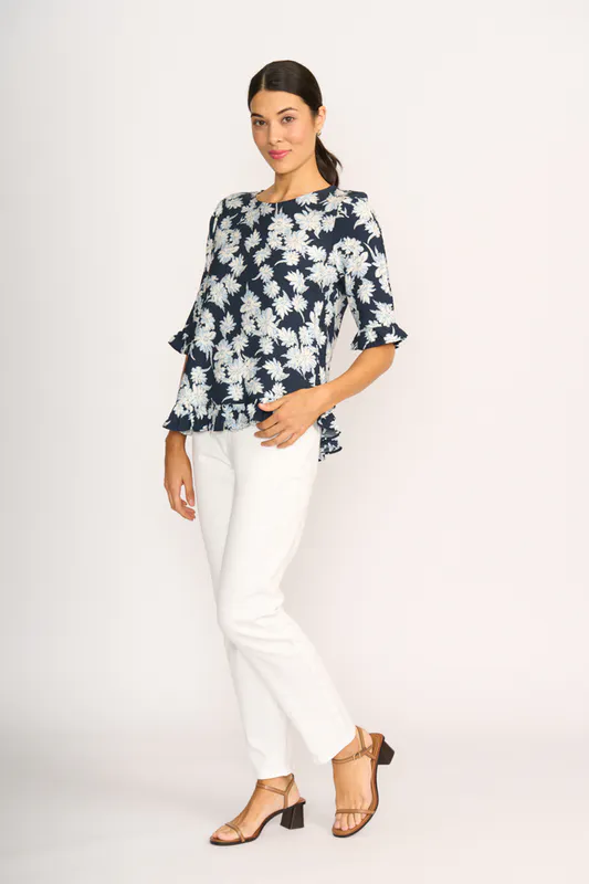 Model wearing Navy Sketch Scoop Hemp Top By Foil Available at Beetees Nelson