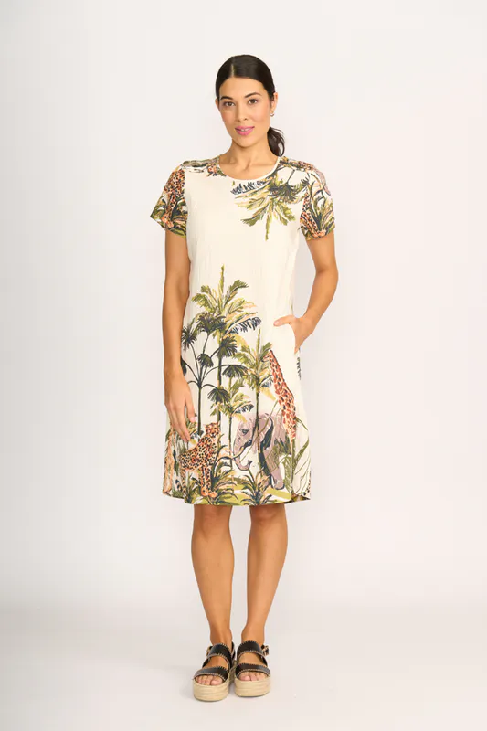 Model wearing Safari Pintuck Swing Back Dress By Foil Available at Beetees Nelson