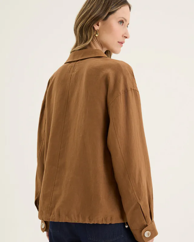 Model wearing Nutmeg Tirari Bomber By Yarra Trail Available at Beetees Nelson