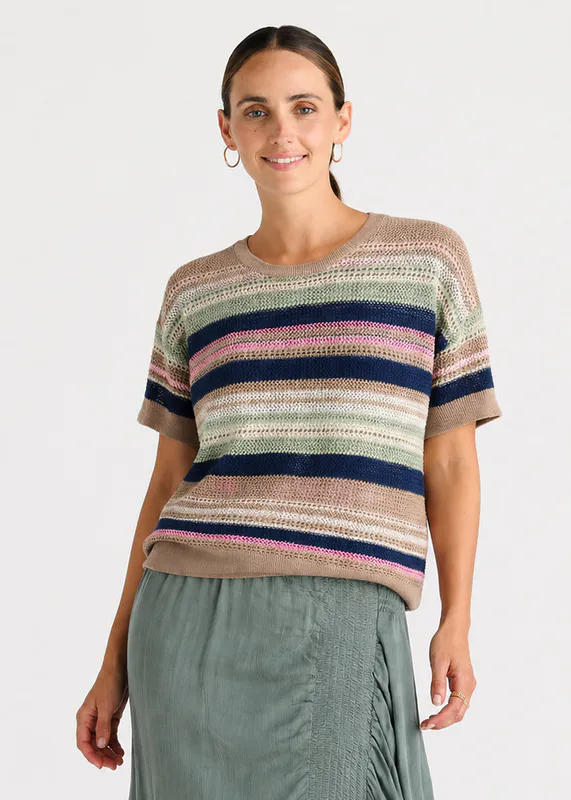 Model wearing Natural Stripe Lace Top By LD + CO Available at Beetees Nelson