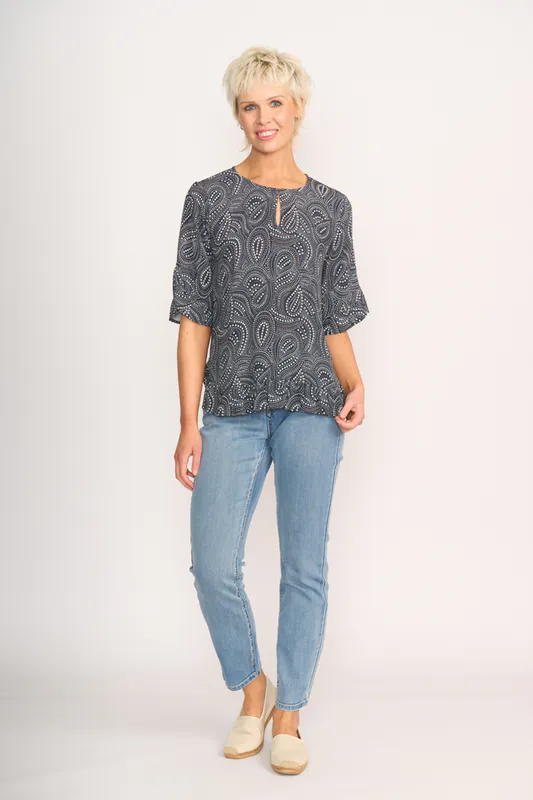 Model wearing Midnight Stars Ruffle Sleeve Top By Foil Available at Beetees Nelson