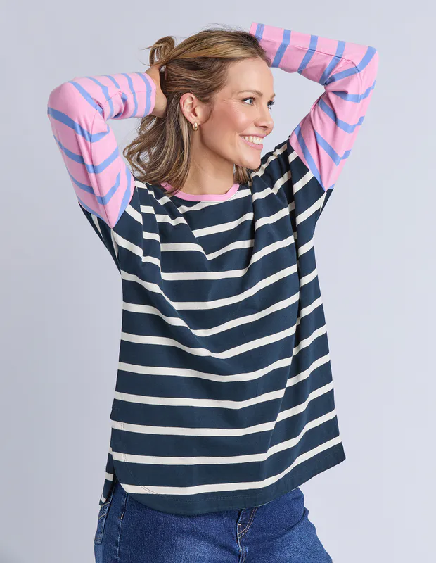 Model wearing Navy/Pink Marta Stripe Long Sleeve Tee By Elm Available at Beetees Nelson