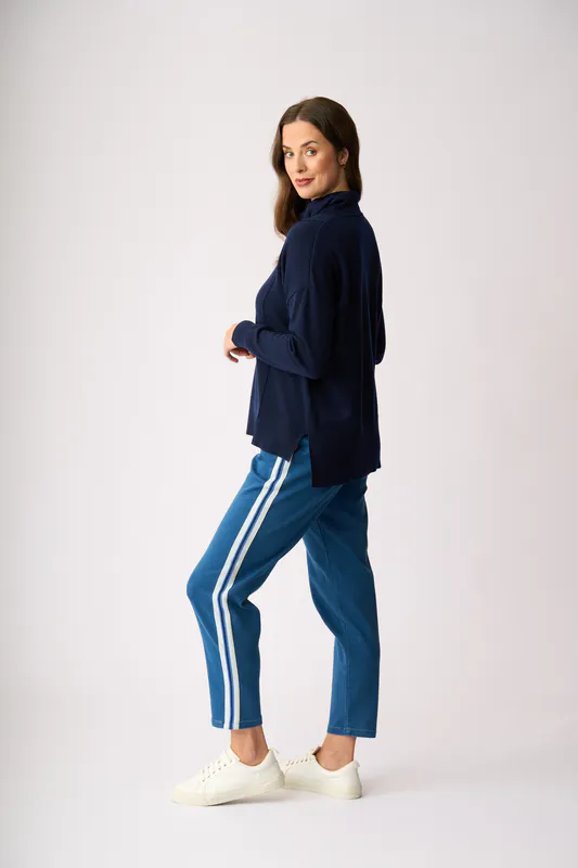 Model wearing Midnight Reverse Seam Jumper By Foil Available at Beetees Nelson