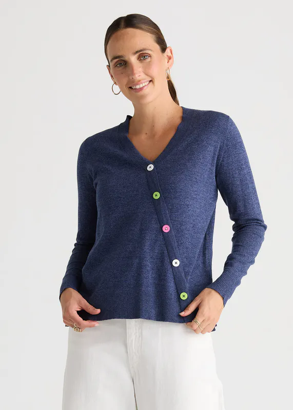 Model wearing Denim Button Angle Top By Zaket & Plover Available at Beetees Nelson