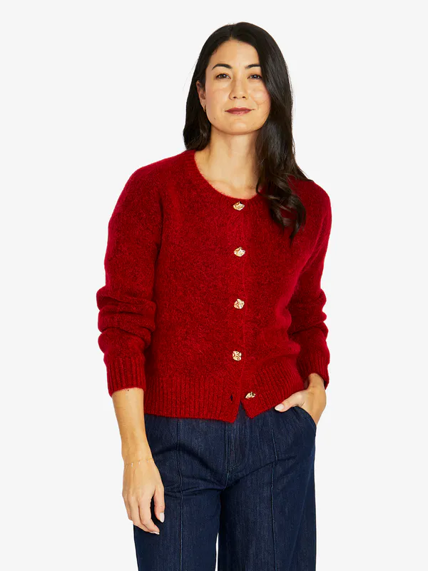 Model wearing Cherry Luxe Button Cardi By Jump Available at Beetees Nelson