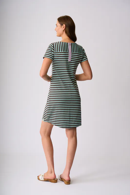 Model wearing Chocolate Seabreeze Stripe Milford Dress By Charlie Jane Available at Beetees Nelson