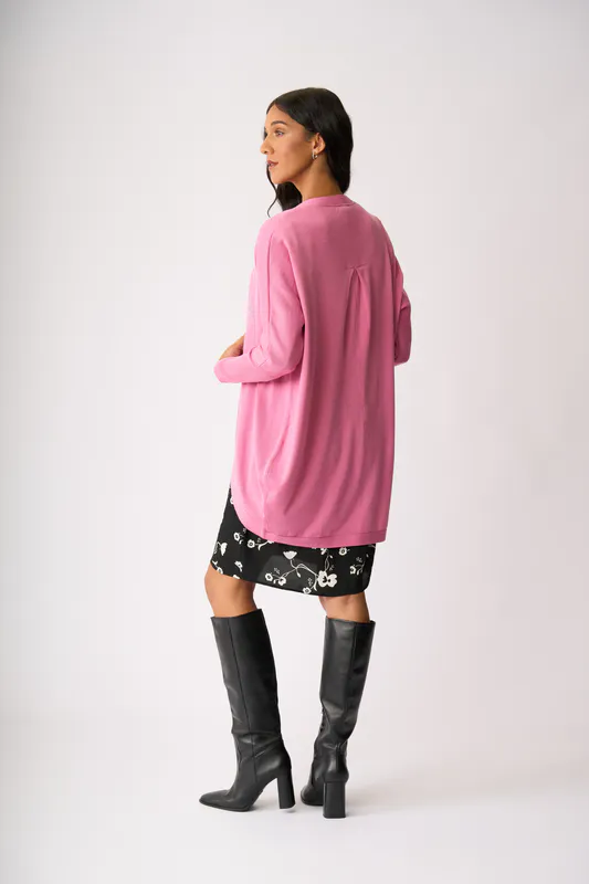Model wearing Pink Open Front Midi Cardigan By Foil Available at Beetees Nelson